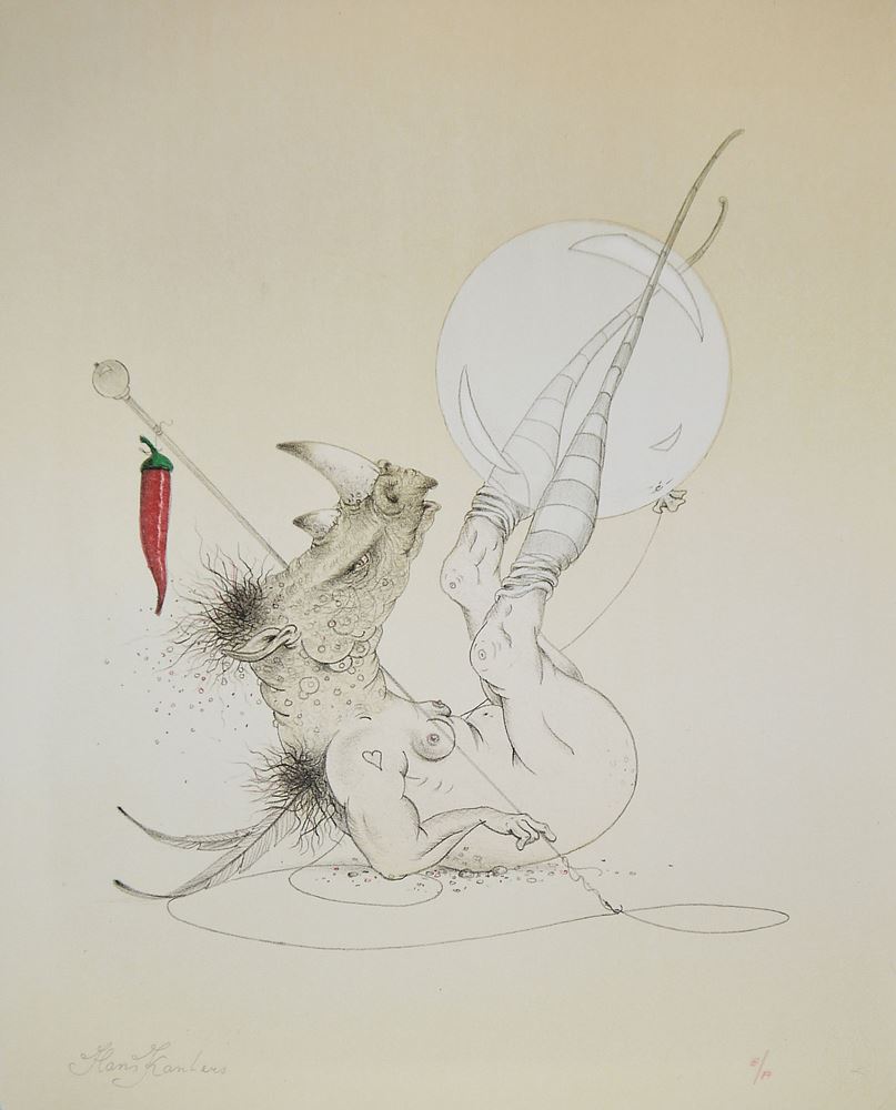 0224-Hans Kanters, Mischwesen - Frauenakt mit Nashornkopf, 2 signierte Farblithographien – Bild 3
