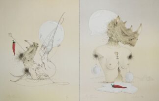 0224-Hans Kanters, Mischwesen - Frauenakt mit Nashornkopf, 2 signierte Farblithographien