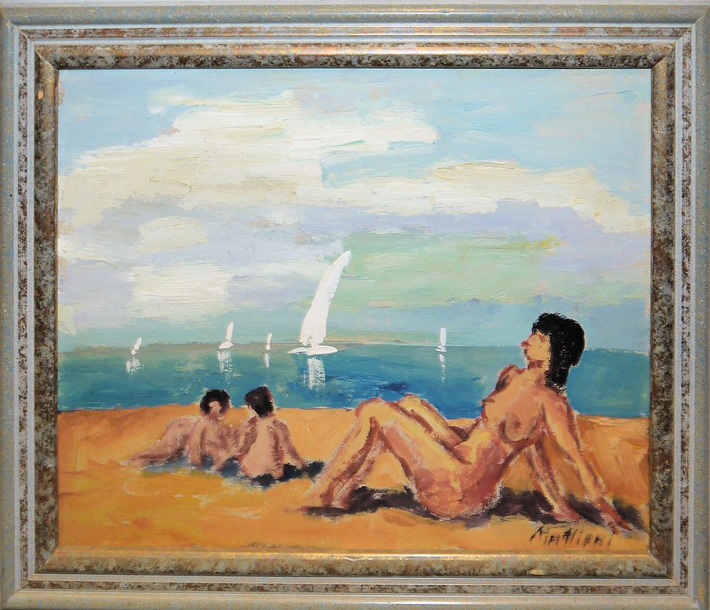 0300-Eszter Mattioni, 3 Frauenakte am Strand, Ölgemälde, gerahmt – Bild 3