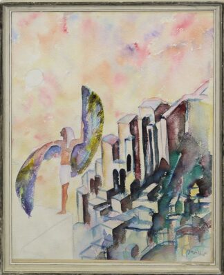 0309-Louis René Moilliet, Nordafrikanische Stadt mit Sonnengott Ra, Aquarell, gerahmt