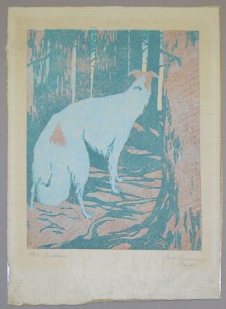 0321-Hans Neumann, Barsoi in einem abendlichen Kiefernwald, Farbholzschnitt von 1905, signiert