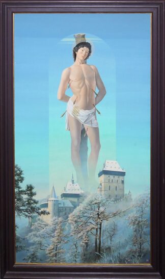 0351-Vladimir Pavlov (Владимир Павлов), "Sebastian über der Burg Karlstein" in Tschechien" (Себастьян над замком Карлштейн), neo-surrealistisches Ölgemälde, gerahmt