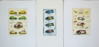 0366-Dieter Portugall, "Käfer-Cabrio" und "Ente", 3 signierte Farbradierungen