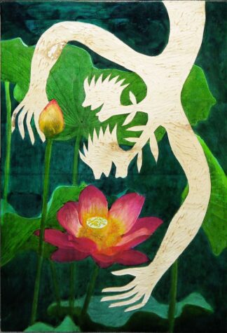 0382-Ren Rong, Pflanzenmensch mit Lotusblüte, Holzrelief, 2006