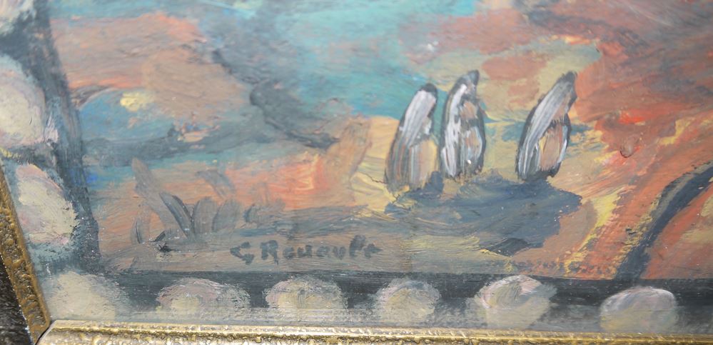 0399-Georges Rouault zugeschr., Biblische Landschaft (Pastorale Chretienne), Ölgemälde um 1940, Speicherfund, in alter, datierter (16.4.1940) originaler Rahmung von Petter Malmqvist/ Helsinki, Finnland – Bild 3