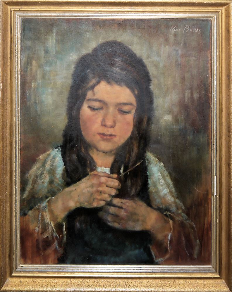0406-Wilhem Sauter, frühes Selbstporträt von 1912 & Kurt Bentz, "Kämmendes Mädchen", 2 Ölgemälde gerahmt – Bild 3