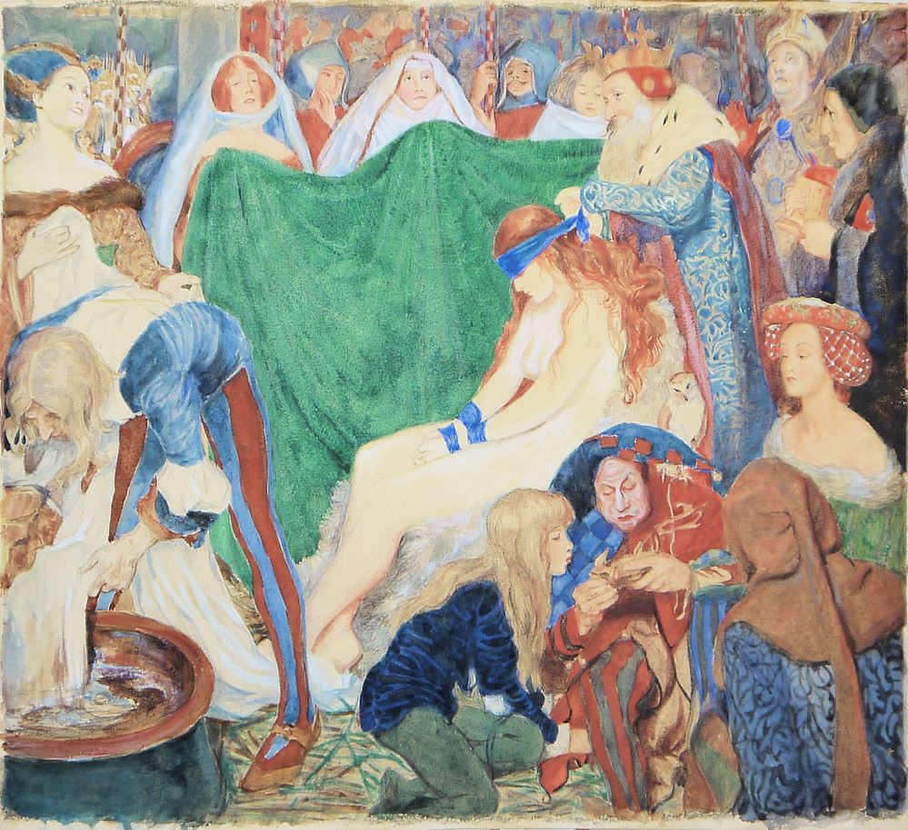 0430-Byam Shaw zugeschr. (attr.), „The Blind-folding of Truth – An Allegory“ (Die Verblendung der Wahrheit – Eine Allegorie), Aquarell, um 1909, evtl. Vorstudie zum später bei Morris & Company hergestellten Wandteppich, mit interess. Provenienz