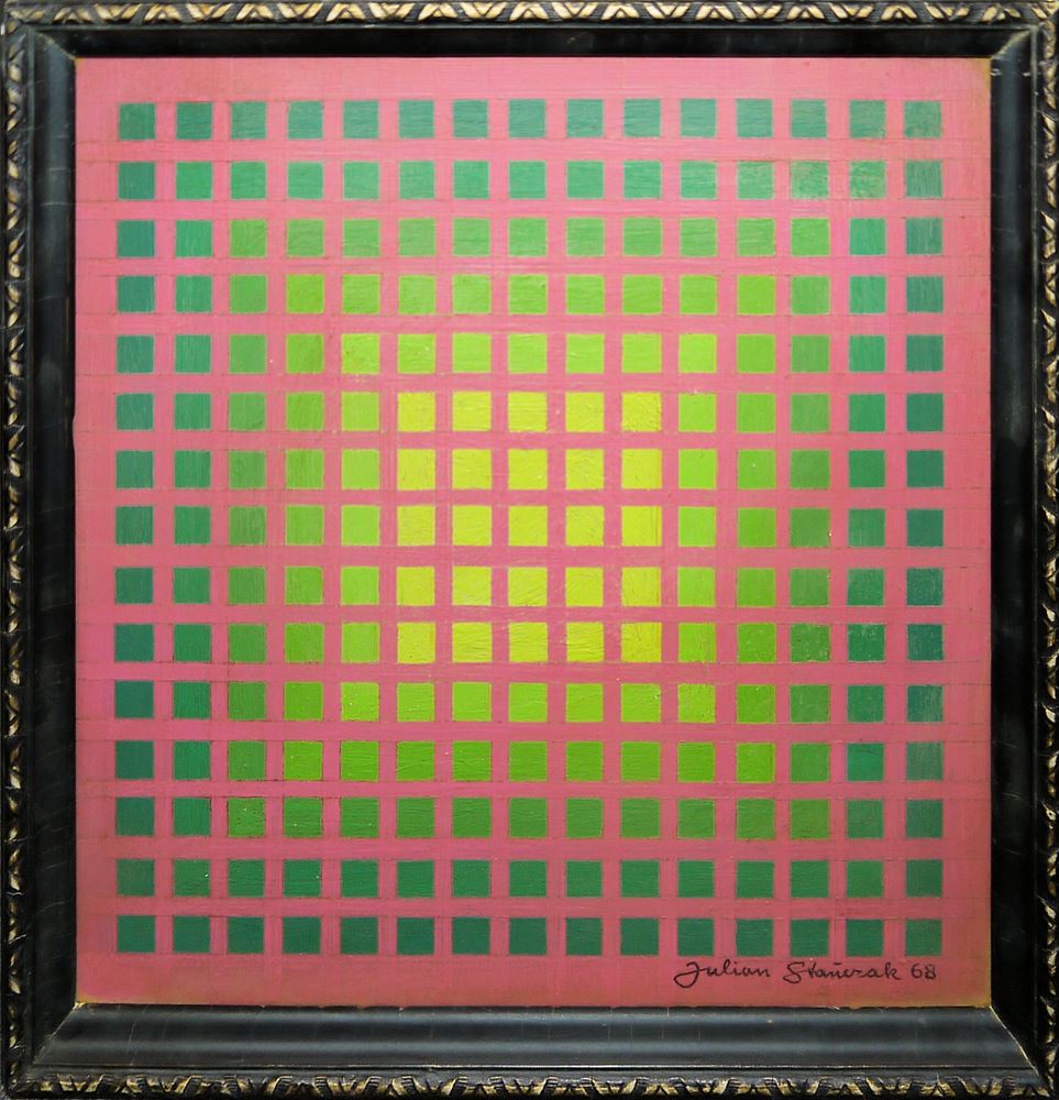 0447-Julian Stanczak, „Melting in Late Color“ (Roztapianie się w późnych barwach), Ölgemälde von 1968
