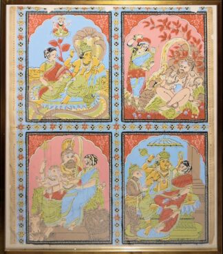 0609-"Holy Picture", ein origineller Blockdruck hinduistischer Gottheiten nach Raja Ravi Varma, Indien um 1900
