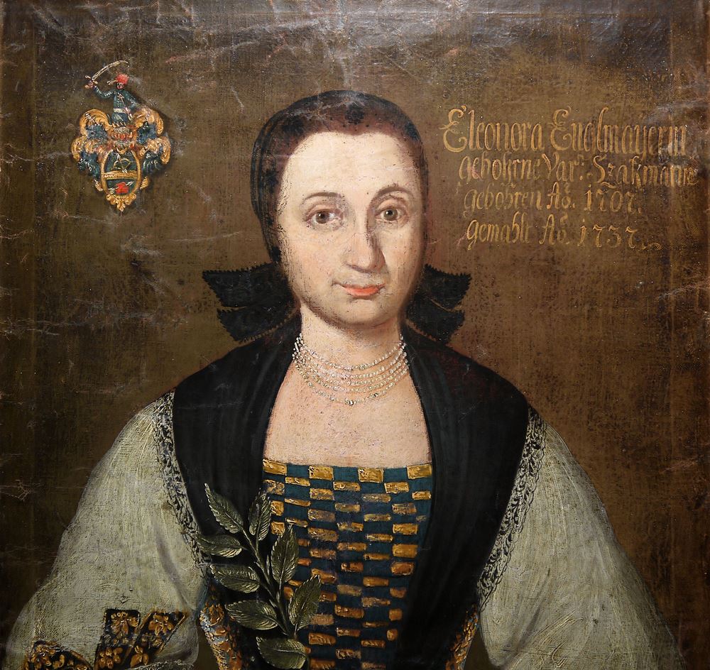 0629-Adelsporträtist, repräsentatives Dreiviertelporträt von 1737 zum 30. Geburtstag der "Eleonora Englmayerin", mit Adelswappen, Ölgemälde gerahmt - Image 2
