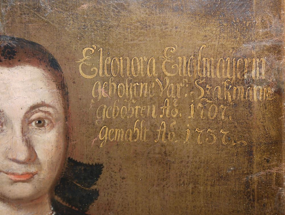 0629-Adelsporträtist, repräsentatives Dreiviertelporträt von 1737 zum 30. Geburtstag der "Eleonora Englmayerin", mit Adelswappen, Ölgemälde gerahmt - Image 3