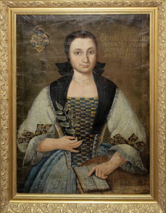 0629-Adelsporträtist, repräsentatives Dreiviertelporträt von 1737 zum 30. Geburtstag der "Eleonora Englmayerin", mit Adelswappen, Ölgemälde gerahmt