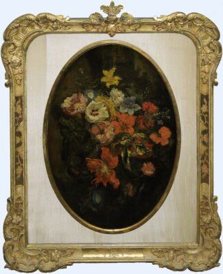 0630-Altniederländischer Meister um 1700, Prächtiges Stillleben mit Tulpen, Irises & Päonien, Ölgemälde im Pracht-Stuckrahmen des 19. Jhs.