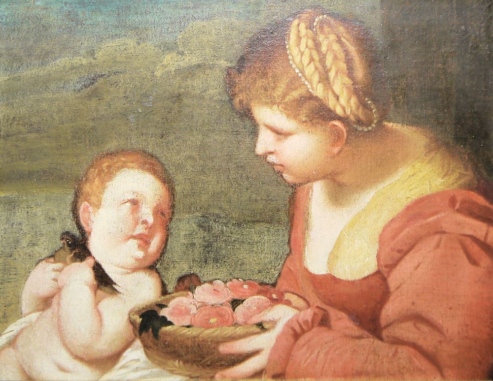 0632-Anonym 16. Jh., Maria reicht dem Jesusknaben einen Korb mit Rosen, Ölgemälde, im handgeschnitzten Barockrahmen – Bild 2