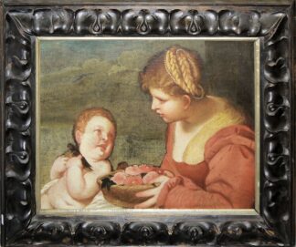 0632-Anonym 16. Jh., Maria reicht dem Jesusknaben einen Korb mit Rosen, Ölgemälde, im handgeschnitzten Barockrahmen