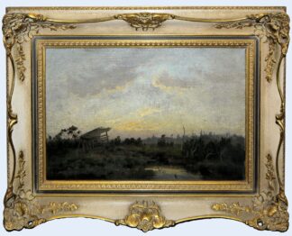 0635-Schule von Barbizon, Landschaft in der Abenddämmerung, Ölgemälde um 1860., im eleganten Barockstilrahmen
