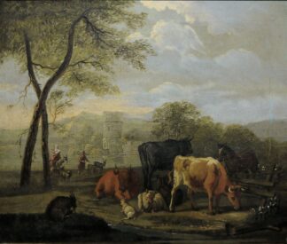 0639-Albert Cuyp Umkreis/Nachfolge, Viehstück mit zwei Frauen in antiker Ruinenlandschaft, Ölgemälde 17. Jh., altdoubliert, alt gerahmt