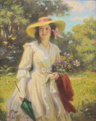 0641-František Bohumil Doubek, Junge Dame in sommerlicher Natur, Ölgemälde aus seiner Münchner Zeit, im Goldstuckrahmen