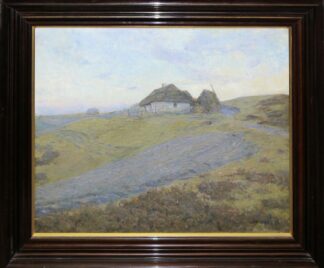 0643-Ole Wolhardt Stampe Due, Dänische Landschaft mit Reetdachhaus, großes Ölgemälde von 1902, gerahmt