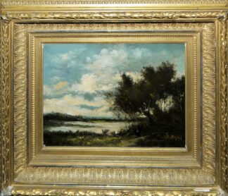 0644-Jules Dupré, Vaches s'abreuvant dans une mare (Kühe, die an einem Teich trinken), Ölgemälde um 1860 im Originalrahmen
