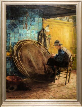 0648-Walther Firle, Interieur mit Mann beim Reparieren einer Reuse, Ölgemälde, gerahmt