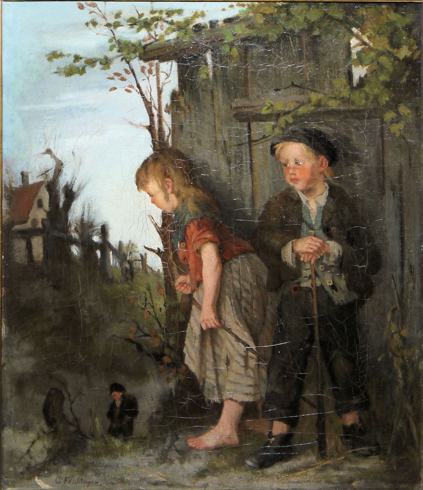 0649-Georg Fischinger, Zwei Kinder im Wald (Hänsel & Gretel), Ölgemälde um 1900, im originalen Prachtstuckrahmen – Bild 2