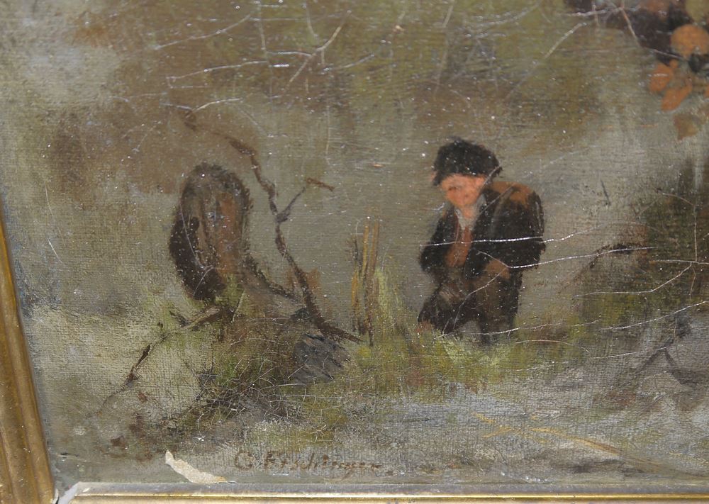 0649-Georg Fischinger, Zwei Kinder im Wald (Hänsel & Gretel), Ölgemälde um 1900, im originalen Prachtstuckrahmen – Bild 3