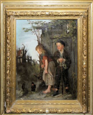 0649-Georg Fischinger, Zwei Kinder im Wald (Hänsel & Gretel), Ölgemälde um 1900, im originalen Prachtstuckrahmen