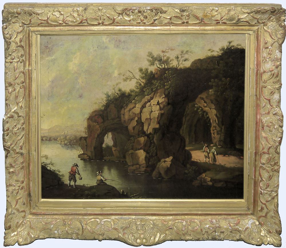 0650-Französische oder italienische Schule um 1680/1700, Personen in antikisierender, arkadischer Ruinenlandschaft, Ölgemälde im antiken Goldstuckrahmen – Bild 2