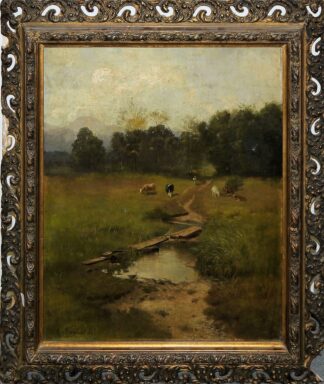 0652-Ludwig Gebhardt, Bayerische Moorlandschaft mit Kühen, Ölgemälde um 1870, unberührter Zustand im Originalrahmen