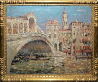 0654-Félix Gogo, "Ponte Rialto Venise", impressionistisch-pointillistisches Ölgemälde um 1900, gerahmt