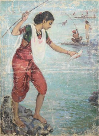 0656-V. S. Gurjar, Angler, Junge Inderin & Inder beim Fische fangen, Ölgemälde 1930/40er Jahre, restaurierwürdig (the painting has already been published in older specialized books on Tamil subjects)