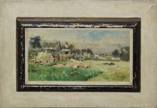 0659-Karl Heffner, Abendrot über einem Dorf, impressionistisches Ölgemälde von 1893, im originalen Rahmen