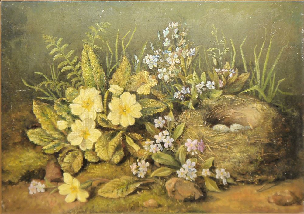 0666-Margarete Hoenerbach, Blumenstilleben mit Vogelnest, rares Ölgemälde von 1886, im Goldstuckrahmen – Bild 2