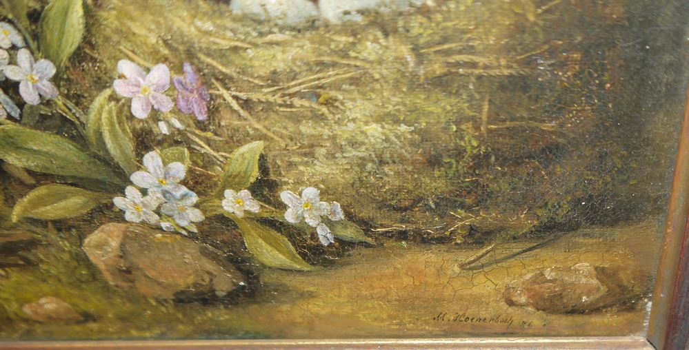 0666-Margarete Hoenerbach, Blumenstilleben mit Vogelnest, rares Ölgemälde von 1886, im Goldstuckrahmen – Bild 3
