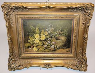 0666-Margarete Hoenerbach, Blumenstilleben mit Vogelnest, rares Ölgemälde von 1886, im Goldstuckrahmen