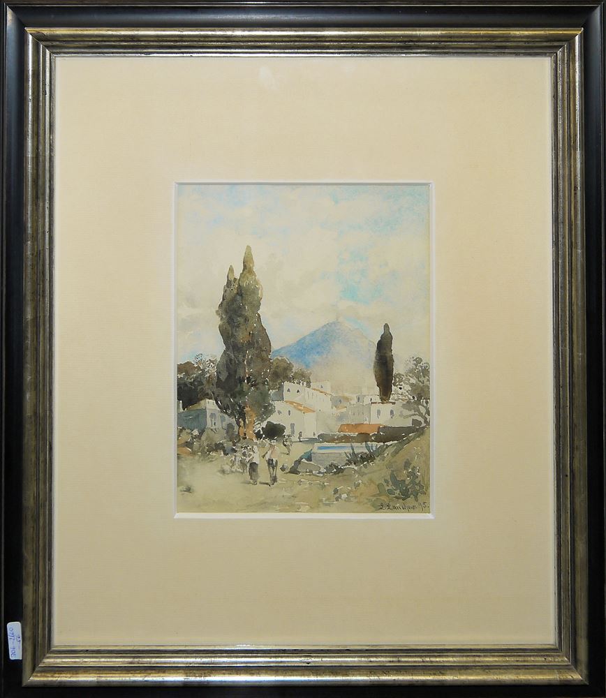 0671-Ludwig Lanckow, Bei Neapel mit rauchendem Vesuv, Aquarell von 1895, in Galerierahmung – Bild 2