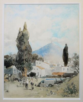 0671-Ludwig Lanckow, Bei Neapel mit rauchendem Vesuv, Aquarell von 1895, in Galerierahmung