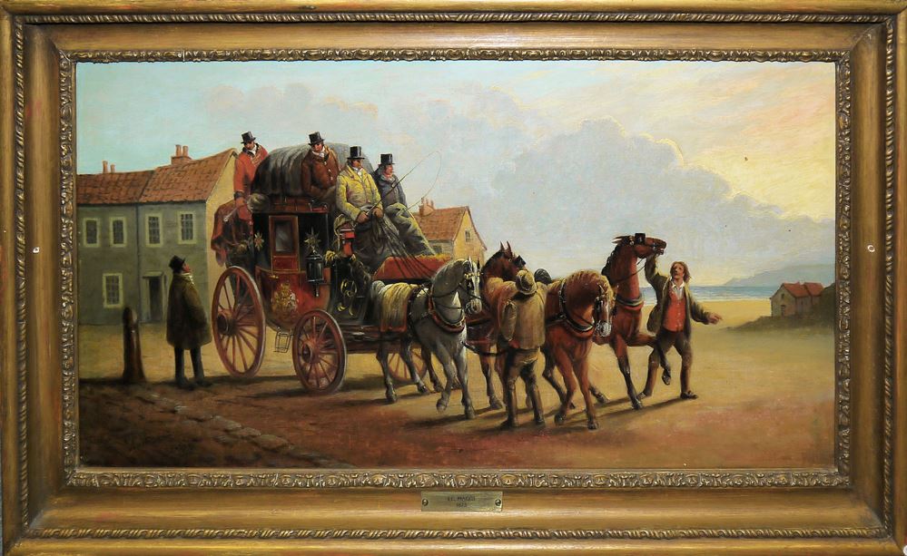 0676-John Charles Maggs, Royal Mail Coach stopping at an inn, Ölgemälde von 1873, gerahmt – Bild 2