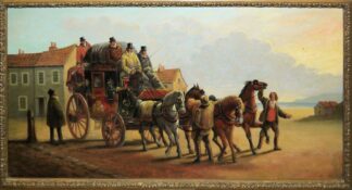 0676-John Charles Maggs, Royal Mail Coach stopping at an inn, Ölgemälde von 1873, gerahmt