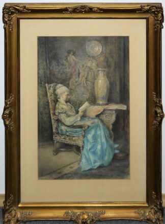 0677-Nicolai Malicheff, Elegante Dame der Oberschicht beim Lesen, Aquarell um 1900, unter P.partout , im originalen Goldstuckrahmen