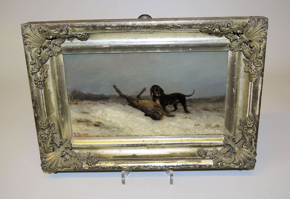 0683-Monogrammist R.S. von 1879, Paar Gegenstücke: Jagdhund mit Hase & Abendstimmung über einer Bergkette, zwei kleinere Ölgemälde in den originalen, gleichen Goldstuckrahmen – Bild 3
