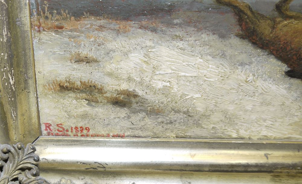0683-Monogrammist R.S. von 1879, Paar Gegenstücke: Jagdhund mit Hase & Abendstimmung über einer Bergkette, zwei kleinere Ölgemälde in den originalen, gleichen Goldstuckrahmen – Bild 4