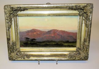 0683-Monogrammist R.S. von 1879, Paar Gegenstücke: Jagdhund mit Hase & Abendstimmung über einer Bergkette, zwei kleinere Ölgemälde in den originalen, gleichen Goldstuckrahmen