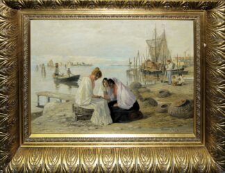 0690-Heinrich Rasch, Frauen, Männer und Kinder am Hafen von Sottomarina (Insel am Südrand der Lagune von Venedig), Ölgemälde im originalen Goldstuckrahmen