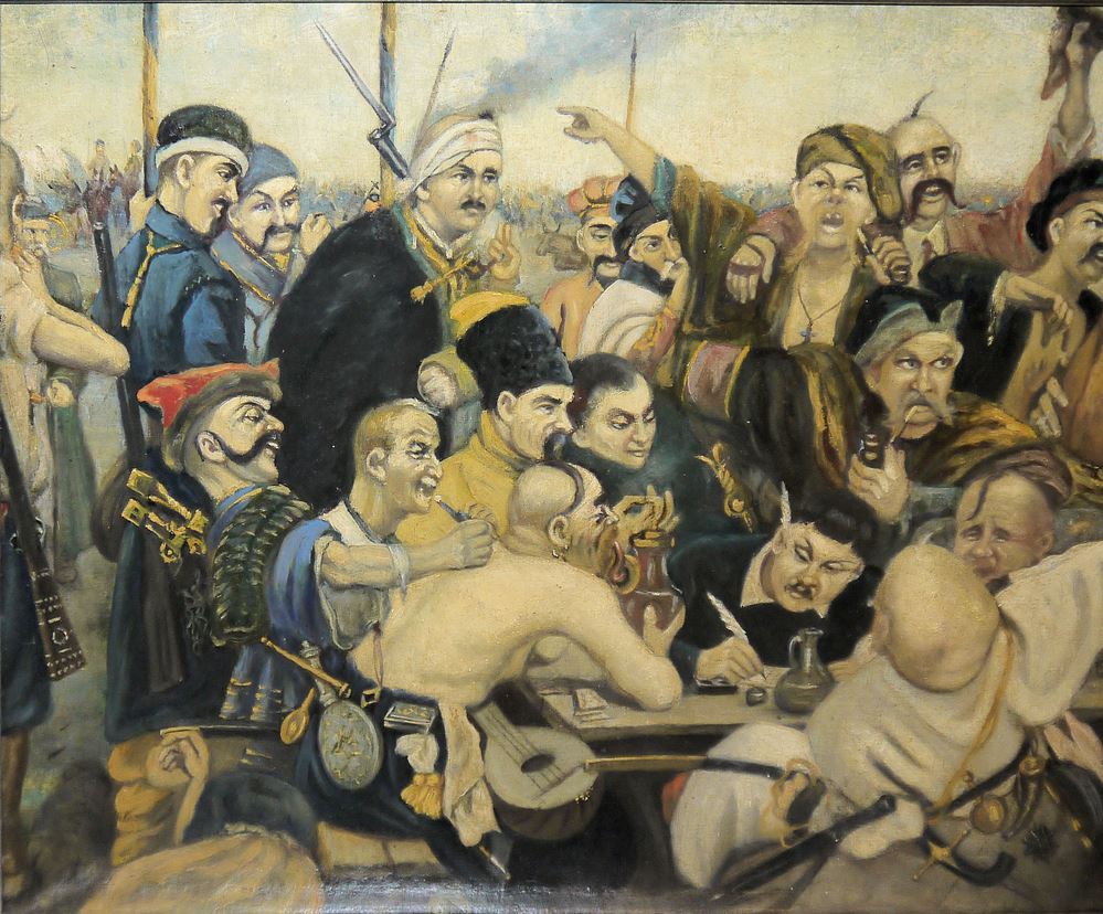 0692-Ilja Jefimowitsch Repin, nach, (Илья Ефимович Репин, после), "Die Saporoger Kosaken schreiben dem türkischen Sultan einen Brief" (Запорожские казаки пишут письмо турецкому султану), meisterhafte Replik um 1900 nach dem Original im Staatlichen Russischen Museum St. Petersburg, ansprechend gerahmt – Bild 2