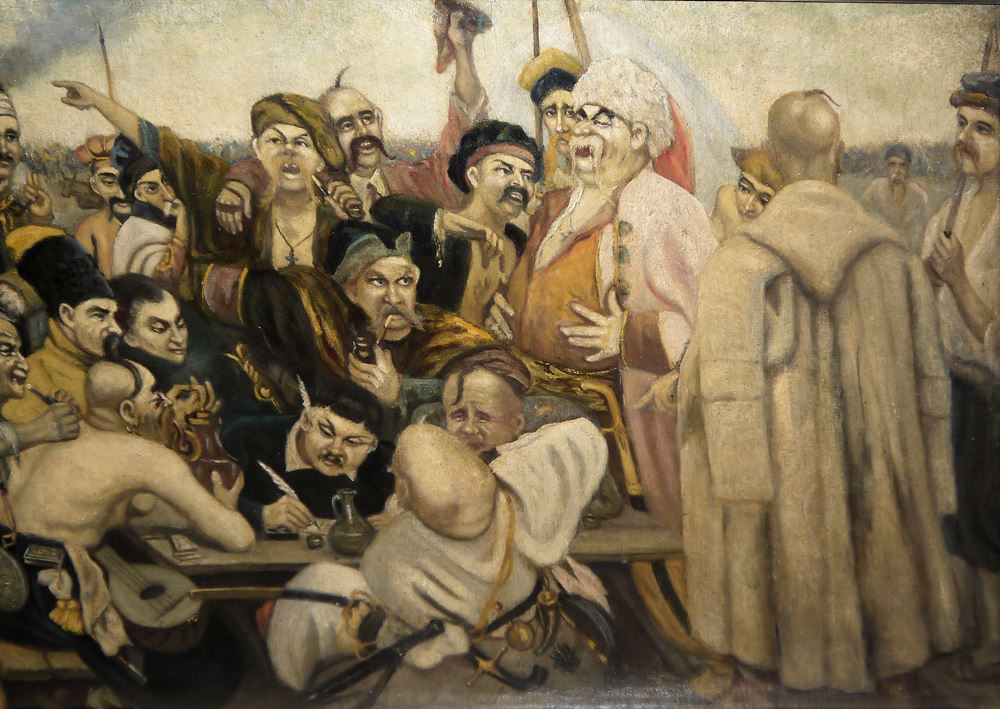 0692-Ilja Jefimowitsch Repin, nach, (Илья Ефимович Репин, после), "Die Saporoger Kosaken schreiben dem türkischen Sultan einen Brief" (Запорожские казаки пишут письмо турецкому султану), meisterhafte Replik um 1900 nach dem Original im Staatlichen Russischen Museum St. Petersburg, ansprechend gerahmt – Bild 3