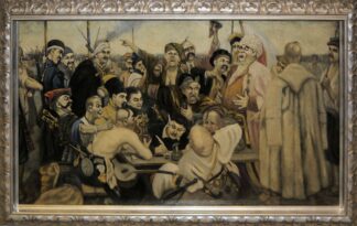 0692-Ilja Jefimowitsch Repin, nach, (Илья Ефимович Репин, после), "Die Saporoger Kosaken schreiben dem türkischen Sultan einen Brief" (Запорожские казаки пишут письмо турецкому султану), meisterhafte Replik um 1900 nach dem Original im Staatlichen Russischen Museum St. Petersburg, ansprechend gerahmt