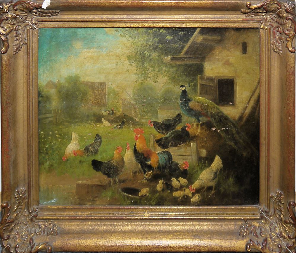 0699-Otto Scheuerer, Federvieh, Gegenstücke, zwei Ölgemälde um 1900, original und gleich gerahmt – Bild 4