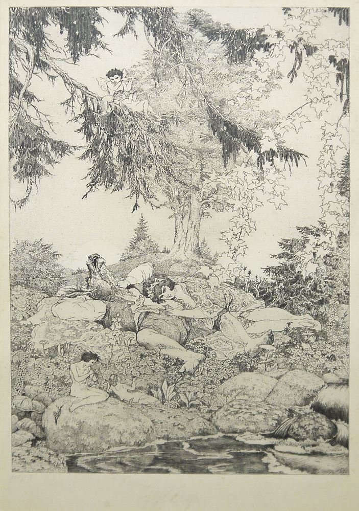 0703-Ferdinand Staeger, Glückliche Kindheit (Der junge Adalbert Stifter) und Esel-Mann und Schönheit, Radierungen, einmal von 1919, beide in schönen Jugendstil-Rahmen – Bild 2